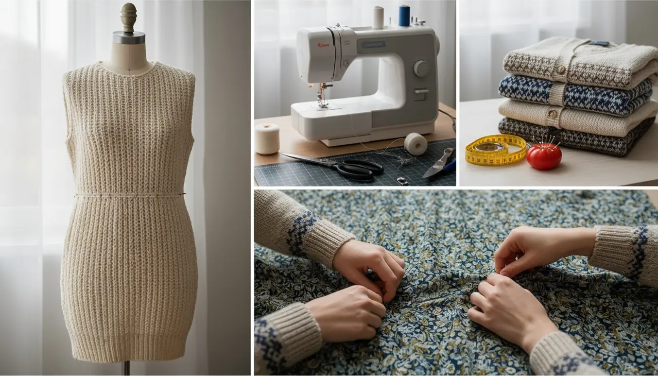 Hænder forkorter kjoler og justerer cardigansærmer ved en symaskine med nåle, skrædderkritt og tråd.