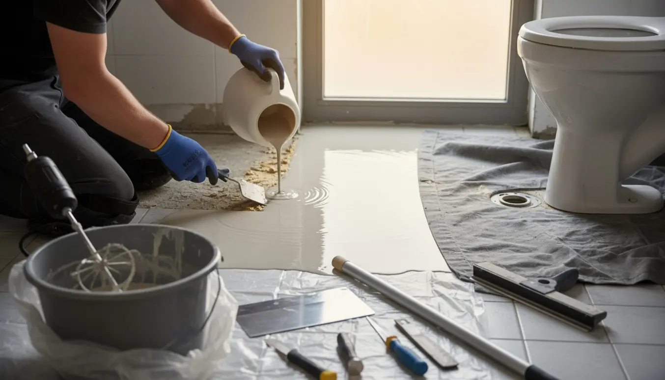 Hænder påfører flydespartel på et lille toiletgulv med toilet fjernet og værktøj ved siden af.