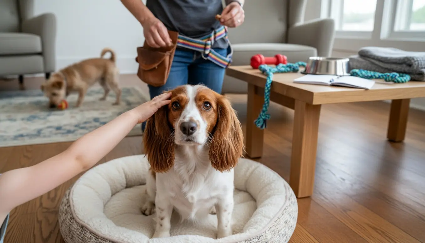 En mellemstor blandingshund bliver passet i en lys og hyggelig stue, mens hænder nusser den.