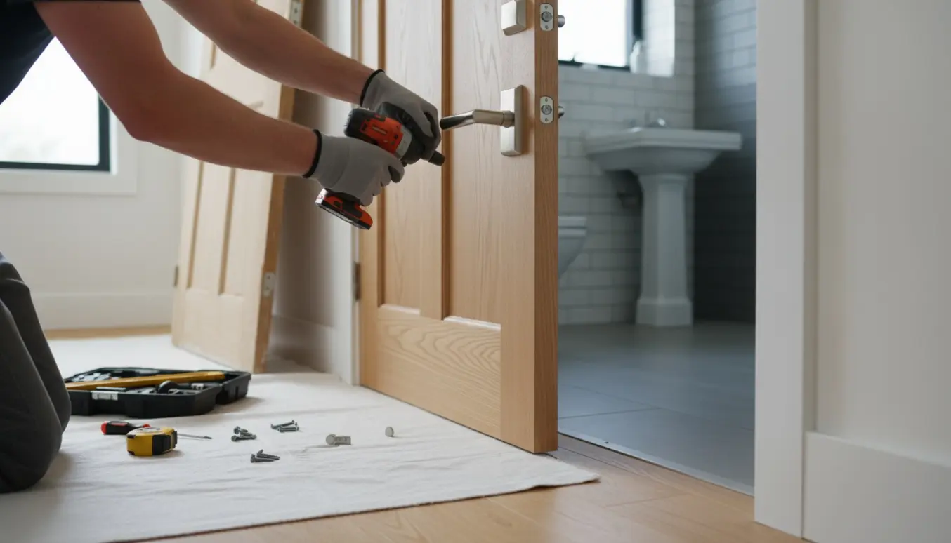 Nærbillede af hænder, der monterer dørhåndtag på nye inderdøre i et parcelhus med værktøj i baggrunden.