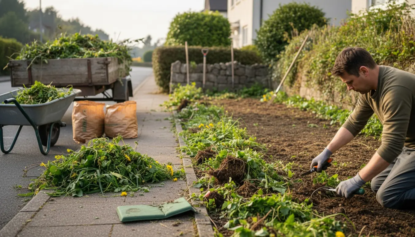 Hænder i handsker luger overgroede bede ved fortovet med trailer og bunker af grønt affald i baggrunden.
