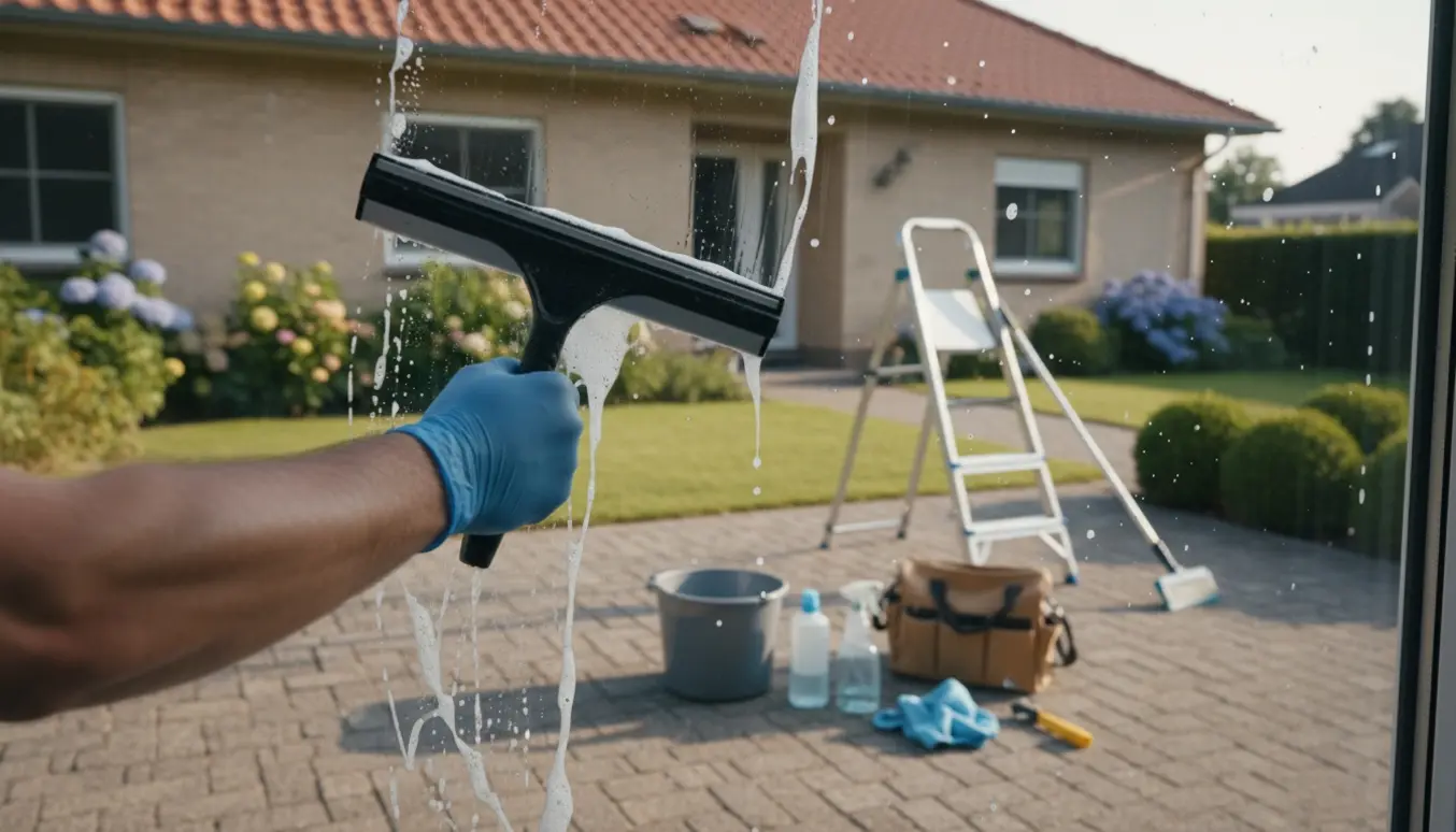 Vinduespudser tørrer et stuevindue med skraber, med spand, klude og stige foran en én-plans villa.