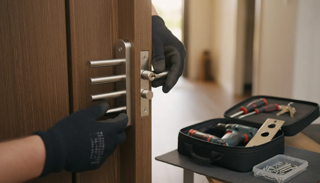 En låsesmed udskifter en ny cylinder i en dør med et trippelt låsesystem.