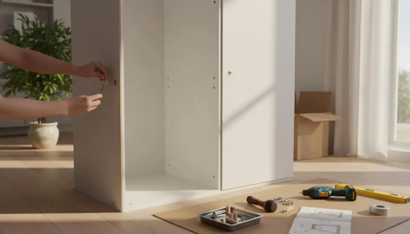 Hænder samler et fladt pakket garderobeskab med paneler, skruer og værktøj i en lys stue.