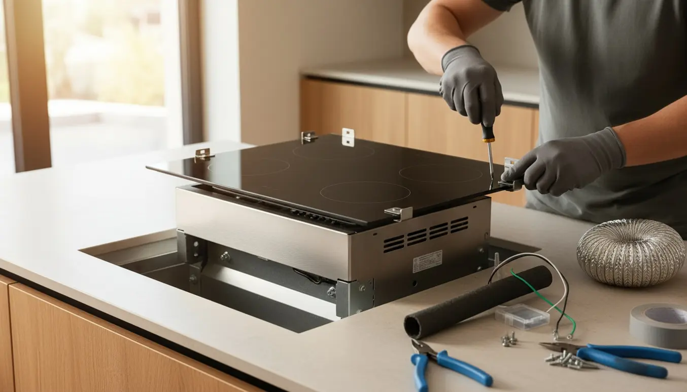 Installatør tilslutter en keramisk kogeplade med integreret emhætte i et moderne køkken.