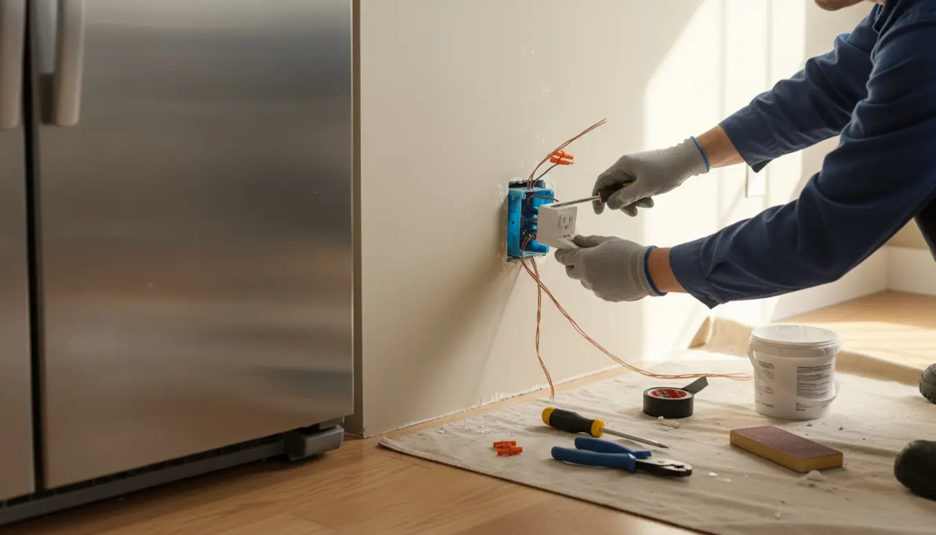 Nærbillede af hænder, der flytter en stikkontakt i væggen ved siden af et nyt køleskab.