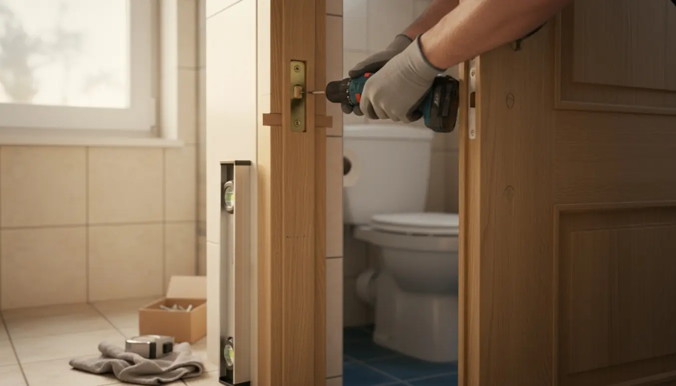Hænder justerer hængslet på en massiv toiletdør i en flisebeklædt dørkarm med bor, vaterpas og kiler.