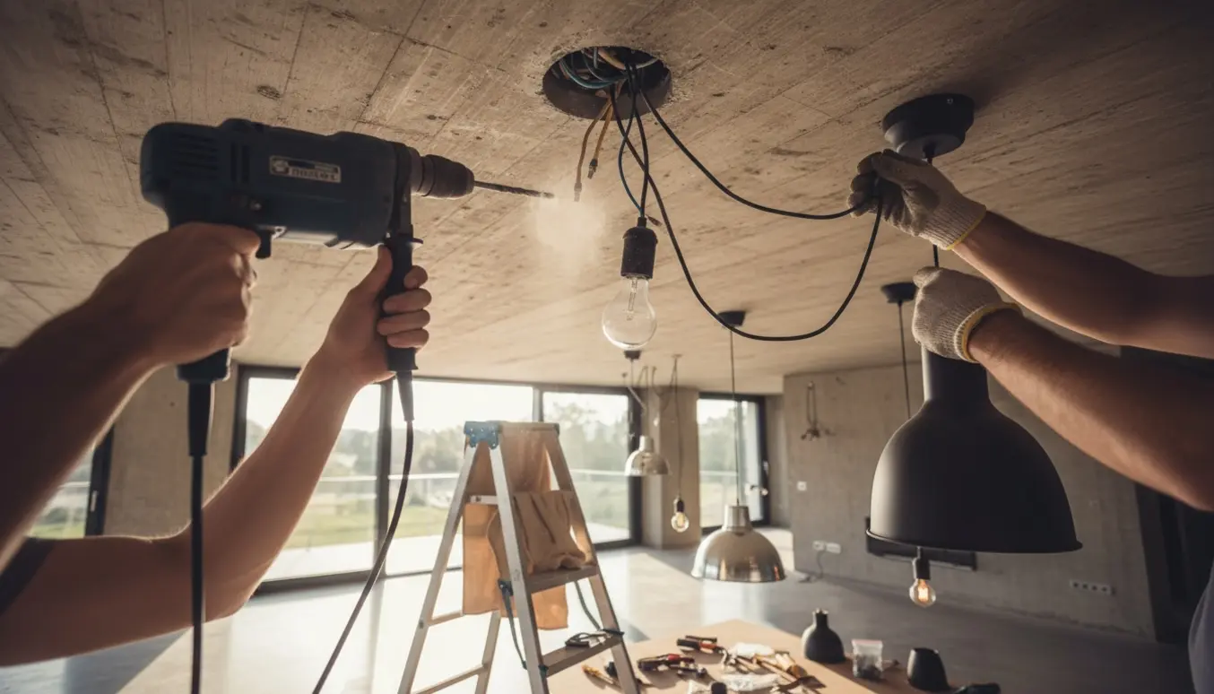 Hænder monterer loftslamper i et råt betonloft med boremaskine og værktøj.
