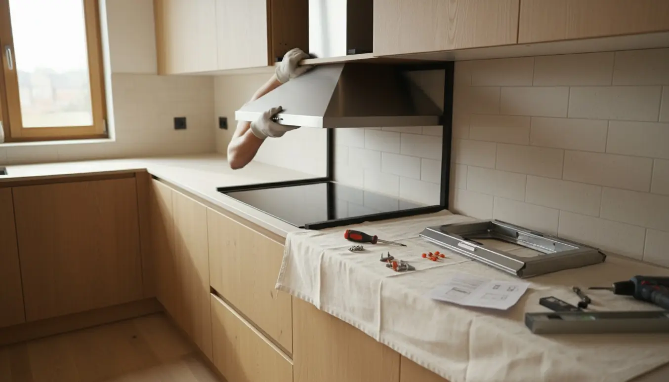 Håndværker monterer en ny indbygget emhætte i et lyst, moderne køkken.