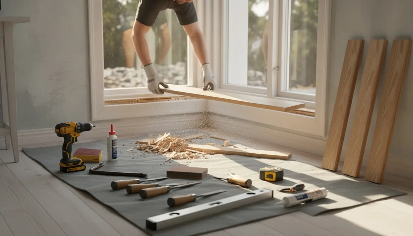 Nye trævindueskarme løftes på plads i et lyst rum med værktøj og savsmuld omkring vinduet.
