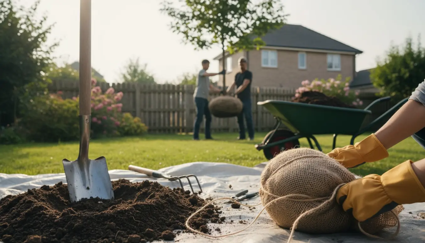Flytning af roser og et 2,5 m træ mellem to nabohaver med værktøj og rodklump i fokus.
