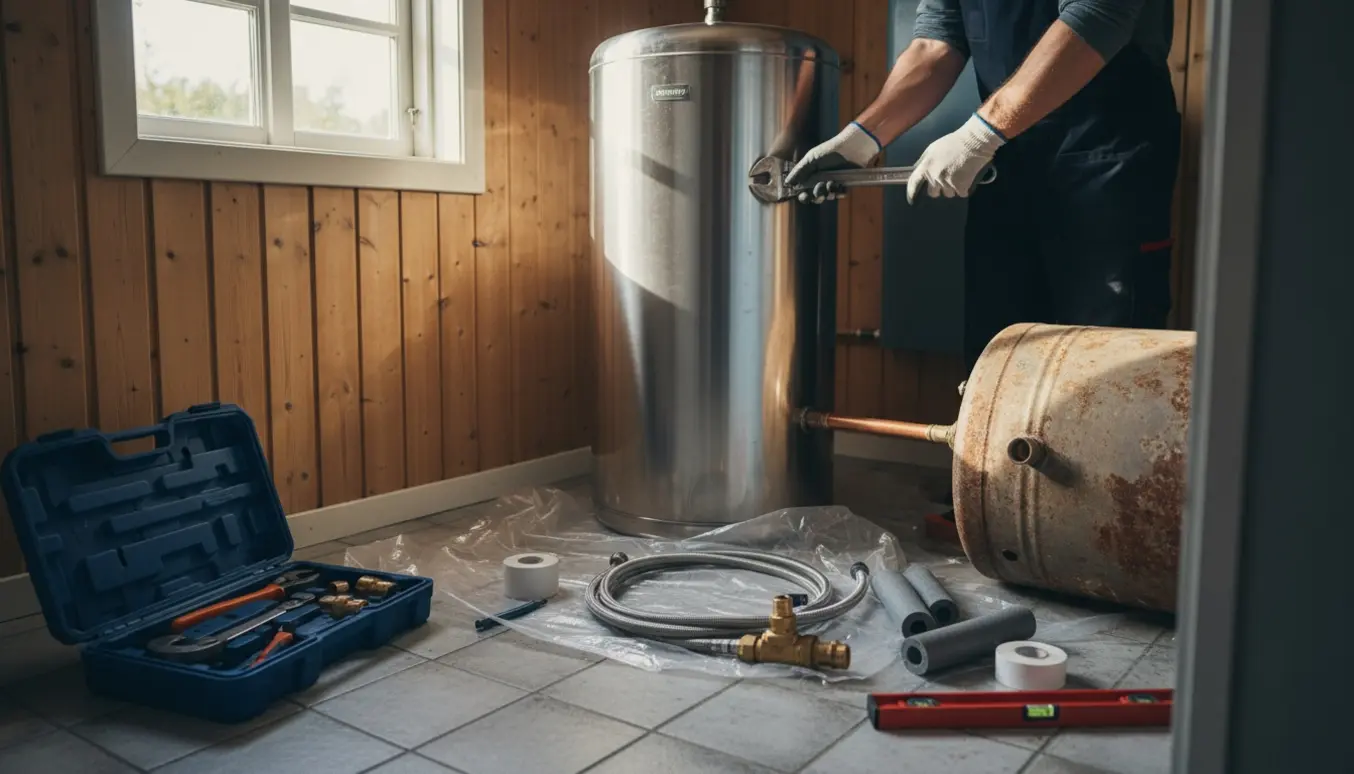 Ny varmtvandsbeholder installeres i sommerhusets teknikrum med en VVS'ers hænder ved kobberrør.