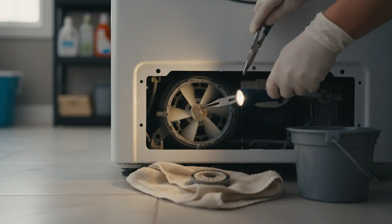 Nærbillede af åbnet vaskemaskine hvor hænder med tang trækker en mønt ud af afløbspumpens impeller.