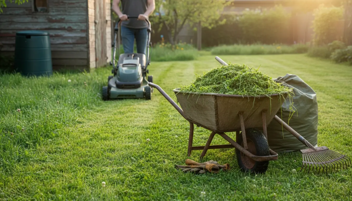 Plæneklipper skærer langt forårsgræs, og afklippet samles i en trillebør.