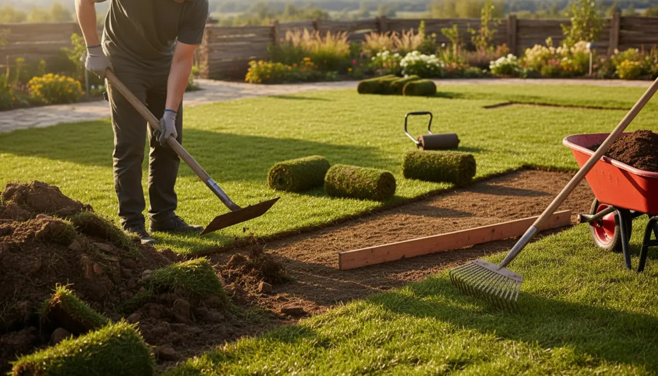 Baghave hvor gammel græsplæne fjernes og ny rullegræs lægges med værktøj og frisk jord synligt.