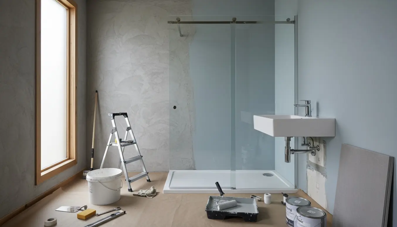 Sommerhusbadeværelse under renovering med vådrumspartel, vådrumsmaling, flyttet håndvask med synligt rør og delvist monteret glasbrusevæg.