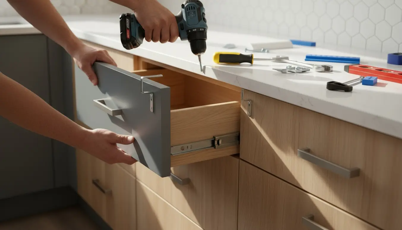 Nærbillede af et løsnet køkkenskuffeelement, hvor hænder med værktøj stabiliserer skabet.