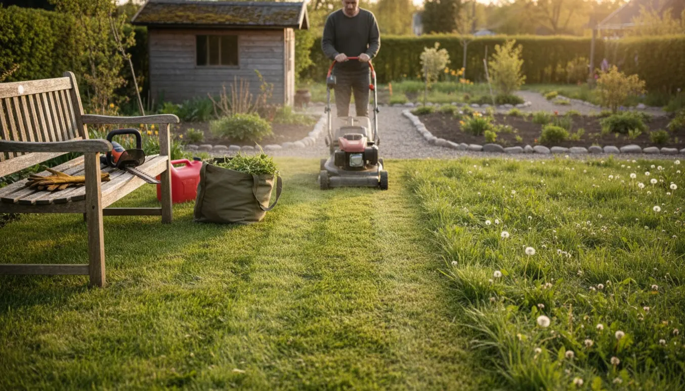 Et kolonihave-plot med delvist slået græs, en benzindrevet plæneklipper, hækkeklipper og bunker af ukrudt.