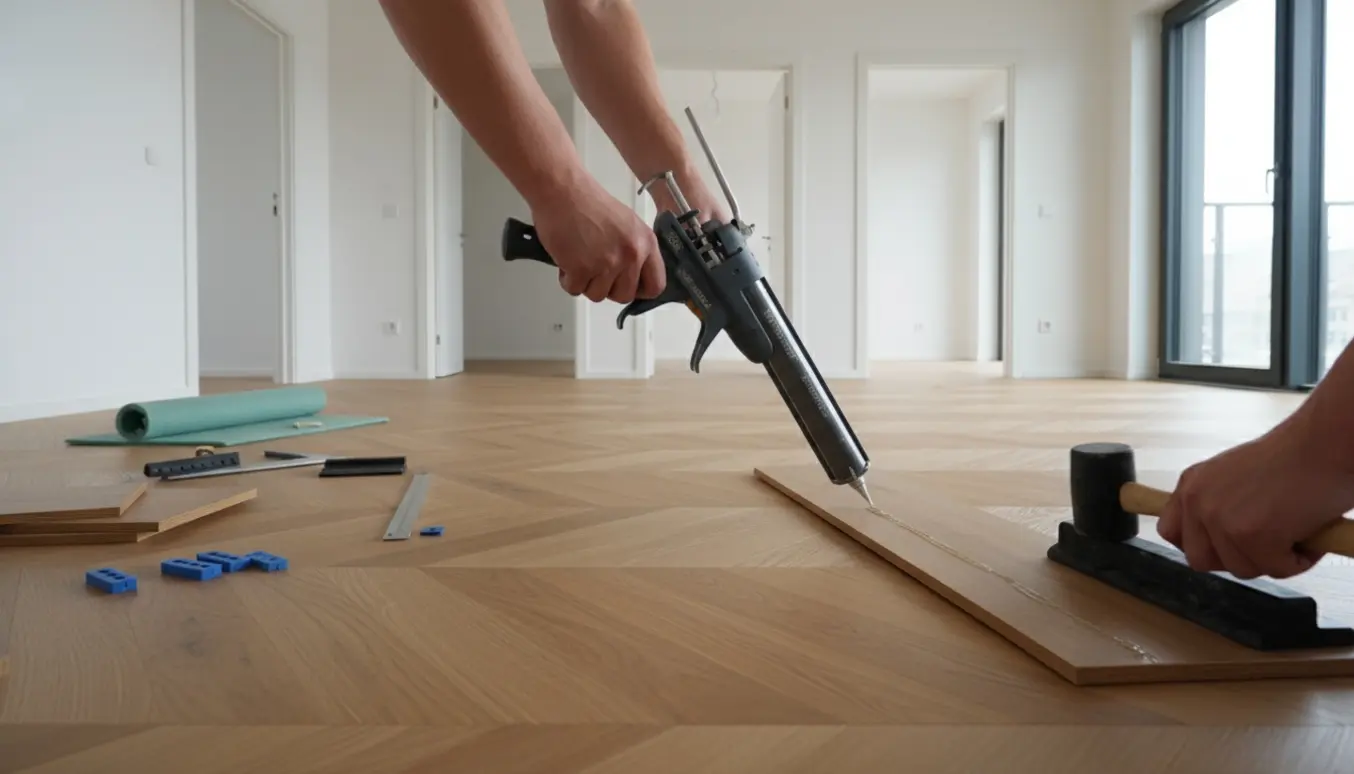 Delvist lagt sildebenslaminat i en lys lejlighed med lim på plankeenderne.