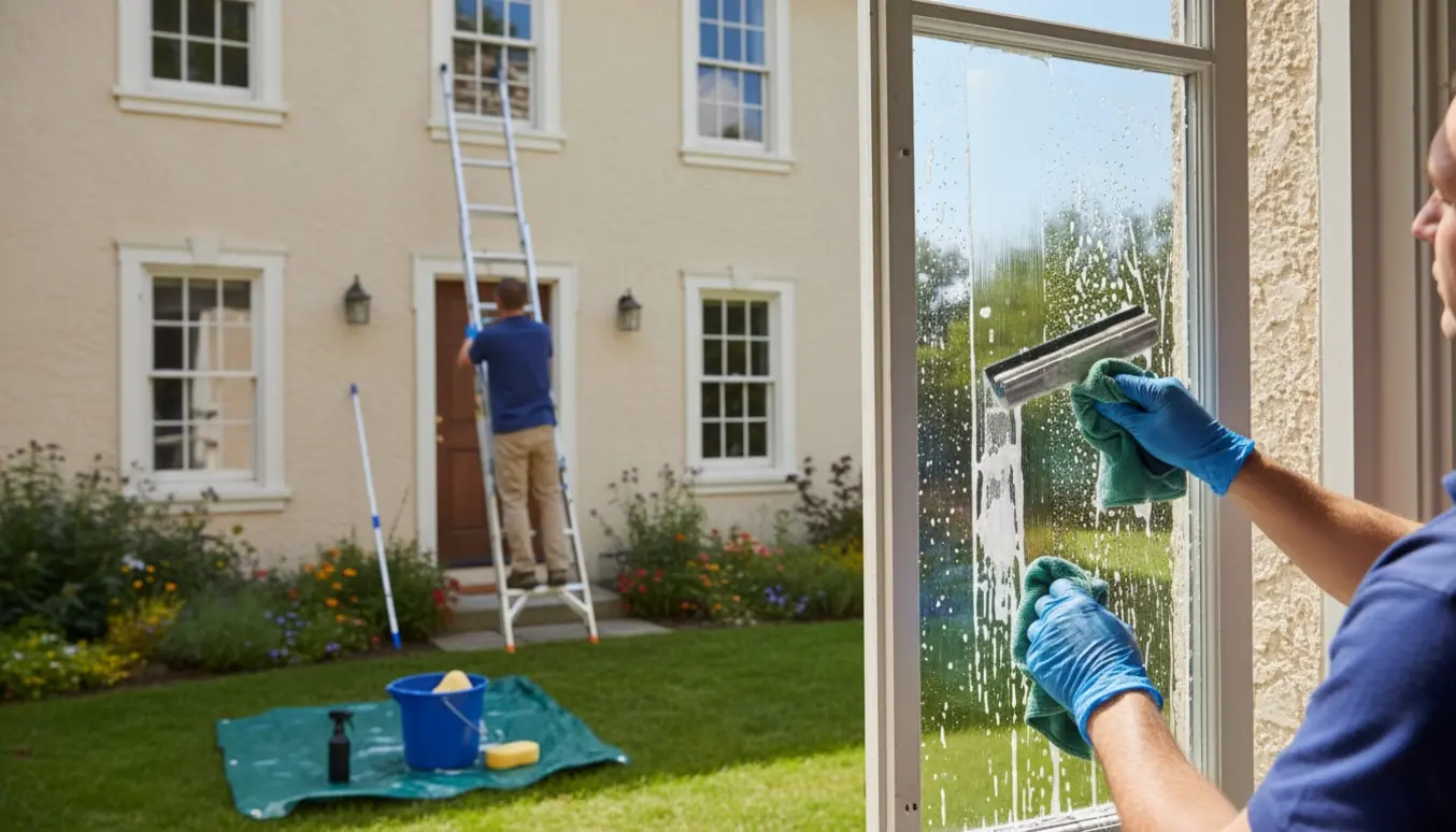 Udendørs vinduespudsning ved et hus med stige, spand og squeegee, hvor en rude bliver tørret ren.