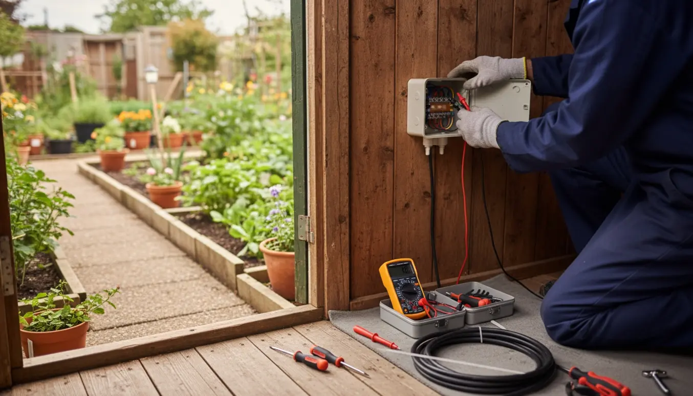 Elektriker tjekker el-installationen i et kolonihaveskur med multimeter og værktøj.