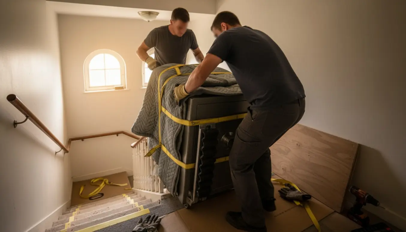 To flyttemænd løfter et tungt stålvåbenskab op ad en trappe mod en lejlighed, dækket af flyttetæpper og sikret med stropper.