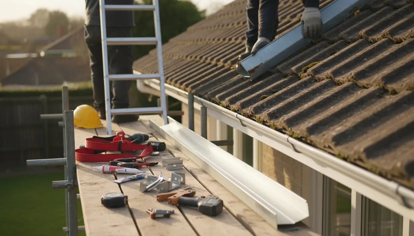 Stillads og stige ved en gavl hvor håndværker udskifter en 6 meter stål-tagrende med værktøj og reservedele på platformen.