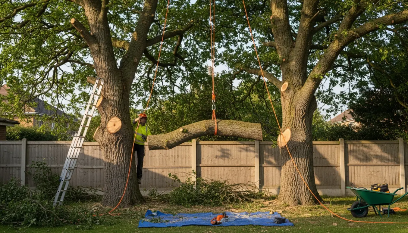To gamle egetræer tæt ved et stakit, hvor en tyk gren sænkes med tov under sikker fældning og afskårne grene ligger på jorden.