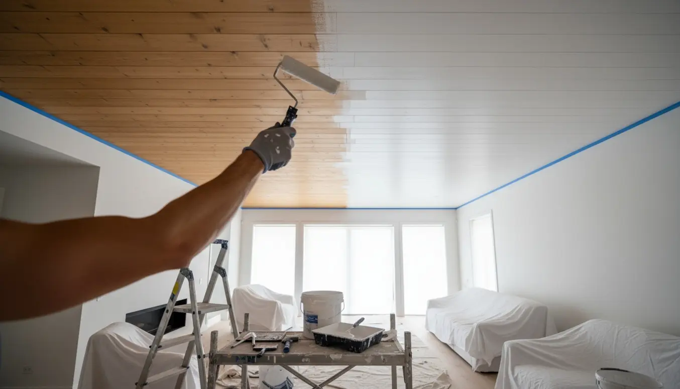 En maler ruller hvid maling på et stort træloft i et lyst, åbent hus, mens møbler er dækket af afdækningsdug.