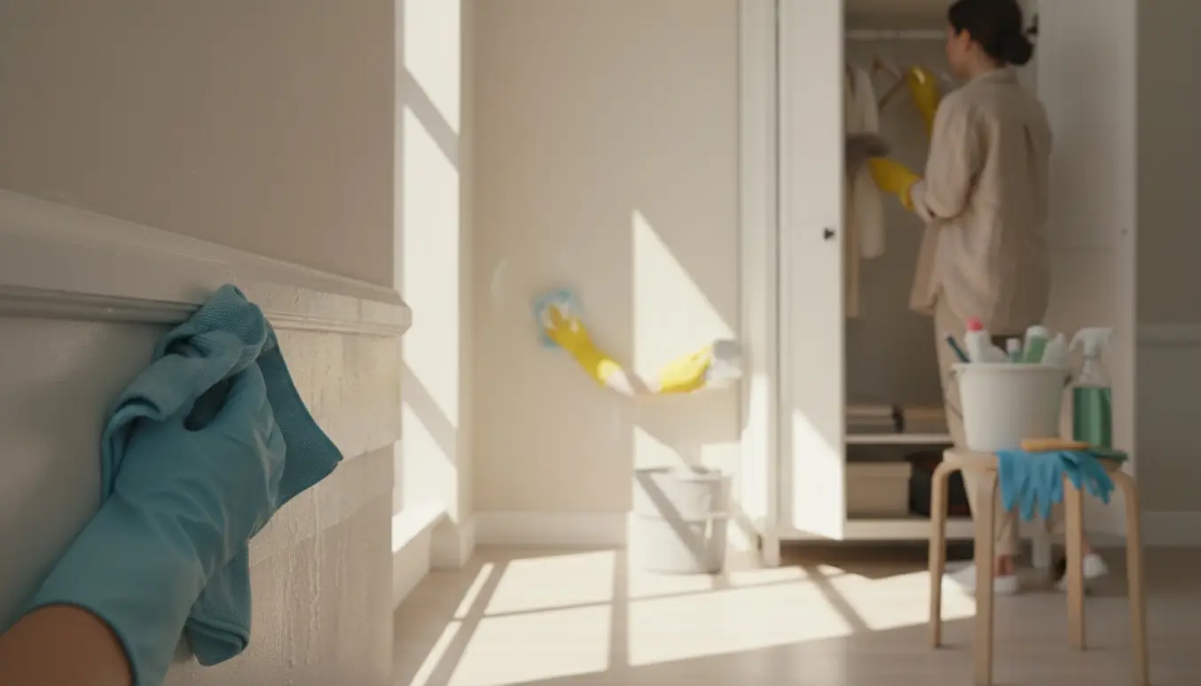 Hænder tørrer lister, væg og hylder af i et lyst hjem med rengøringsmidler.