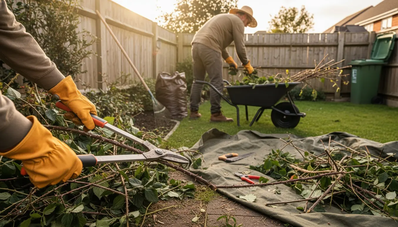 Hænder i handsker beskærer brombær og læsser afklip i en trillebør i en lille have.