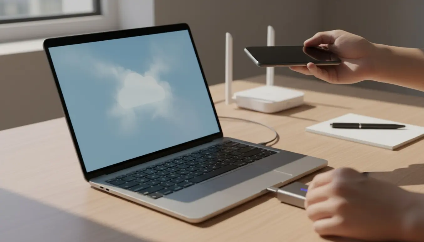 Opsætning af iCloud og dataoverførsel mellem en MacBook Air-lignende bærbar og en smartphone på et ryddeligt skrivebord.