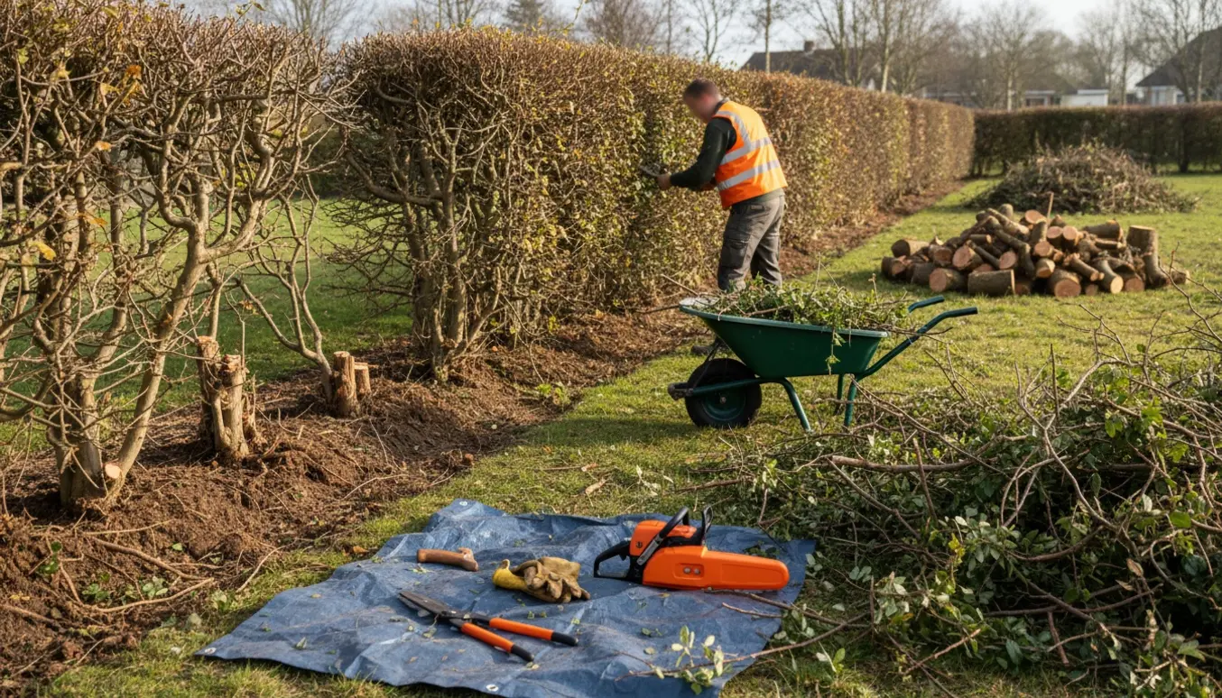 Fjernelse af en lang, gammel tjørnehæk med skårne grene, handsker og værktøj i forgrunden.