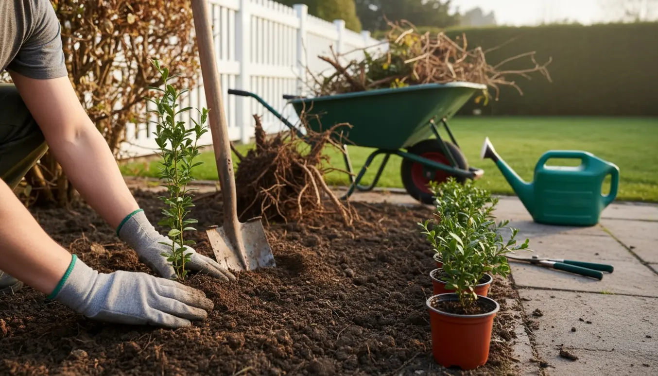 Nærbillede af plantning af ny ligusterhæk i forhave med spade, planter og fjernede buskestykker.