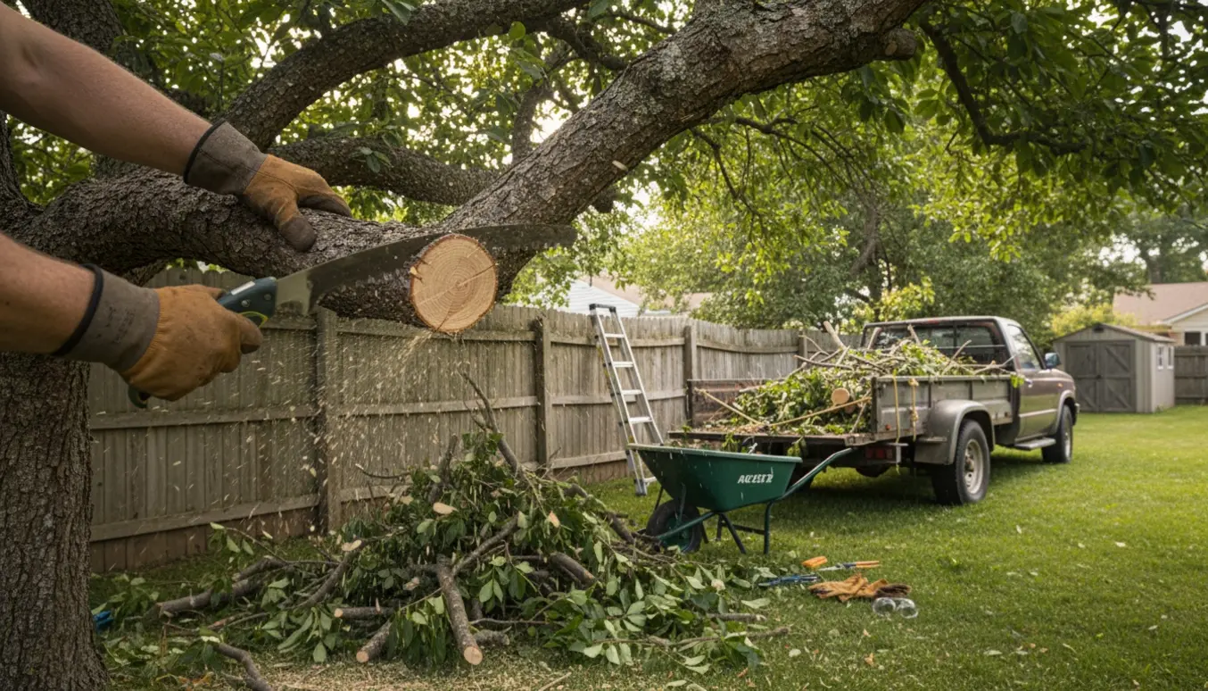 Nærbillede af beskæring af et overhængende nabotræ med sav, trillebør og bunke af afklippede grene klar til bortkørsel.