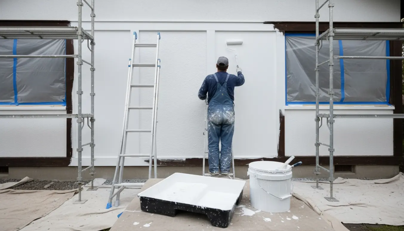 En maler i arbejdstøj maler en husfacade hvid fra bund til top med rulle og afdækning.