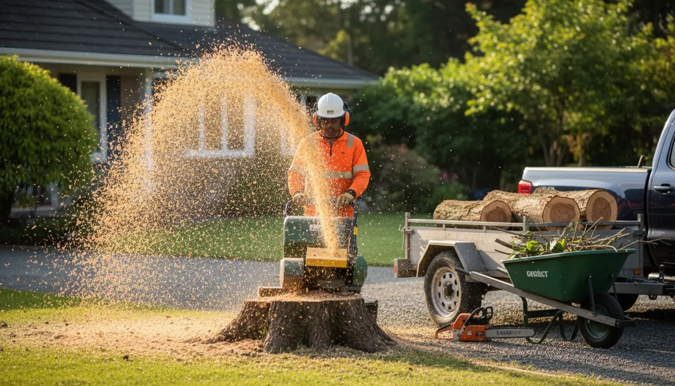 Stubbefræsning i have med savede træstammer læsset på trailer og fræsede træflis i luften.