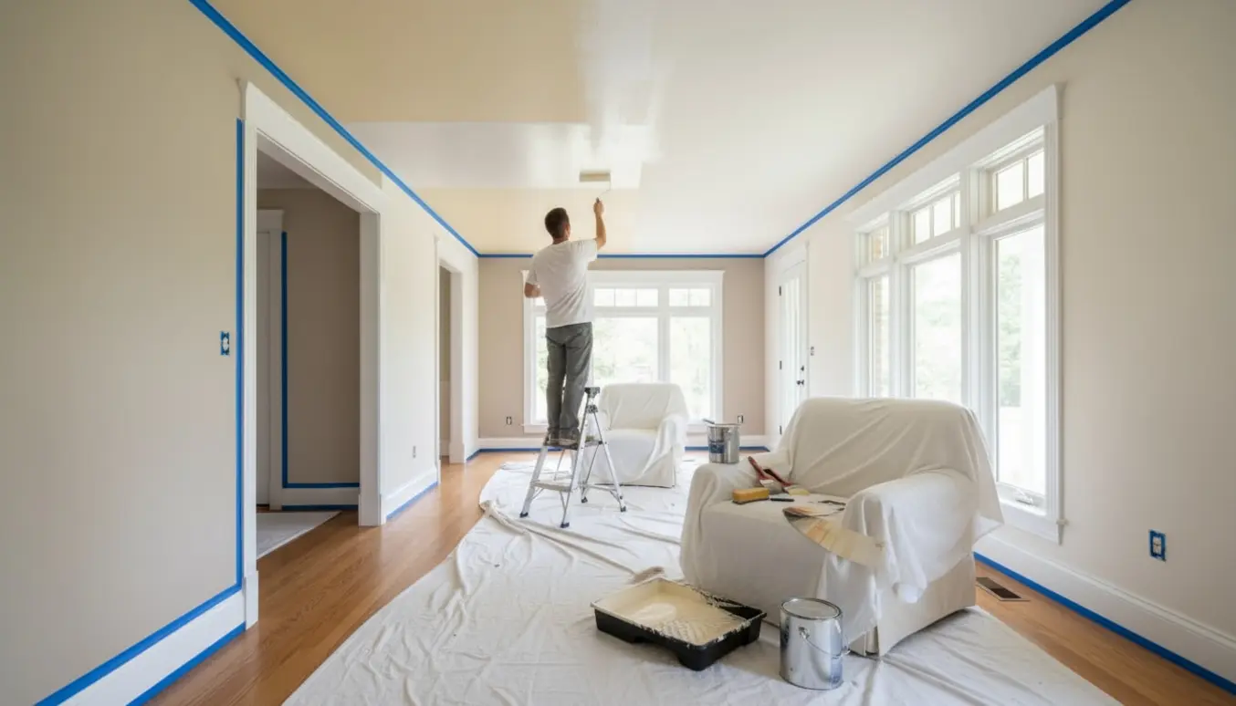 En maler set bagfra maler vægge og loft i et lyst rum med stige, malerbøtter og afdækningsplast.