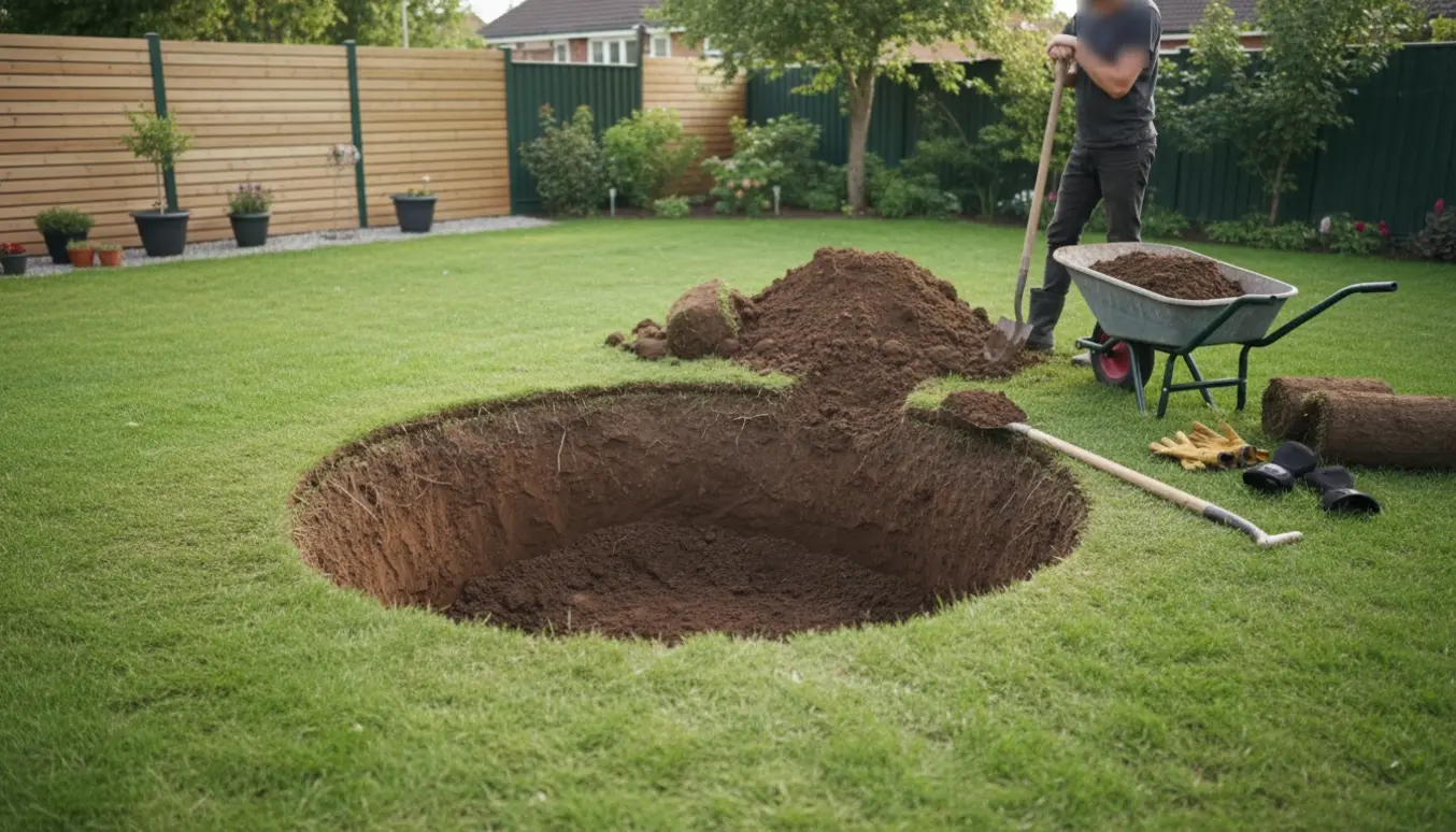Rundt udgravet hul til nedgravet trampolin med jordbunker, skovl og trillebør i en baghave.