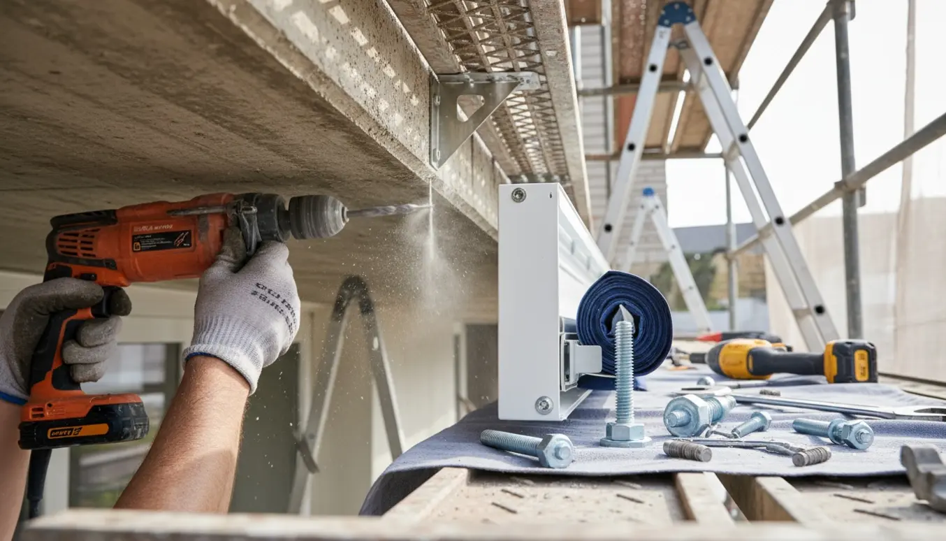 Nærbillede af montering af markise under en altan i beton og metalgitter med borehammer og beslag.