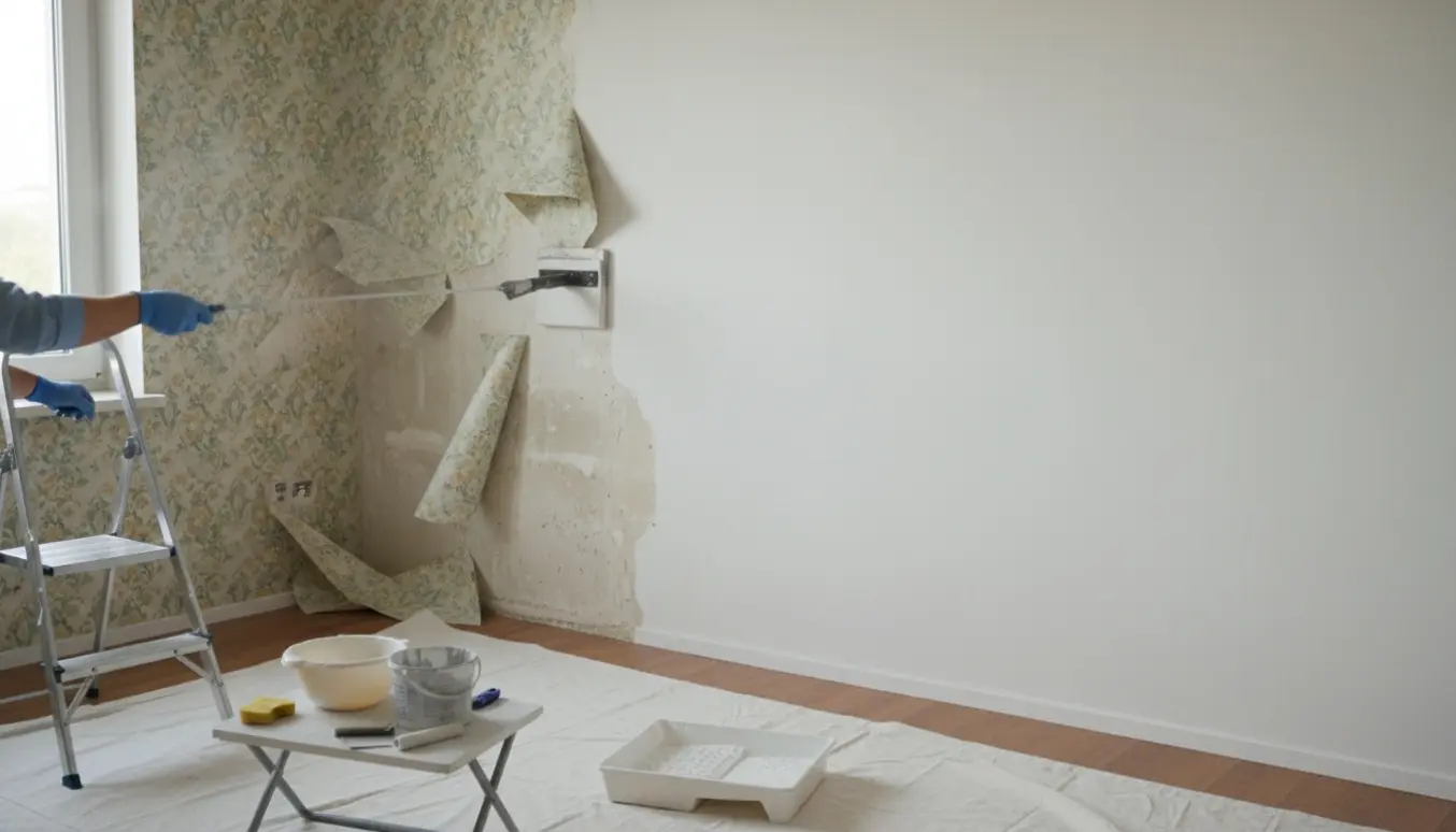 Halvvejs afrevet tapet på en stuevæg med værktøj klar til omtapetsering og maling i naturligt lys.