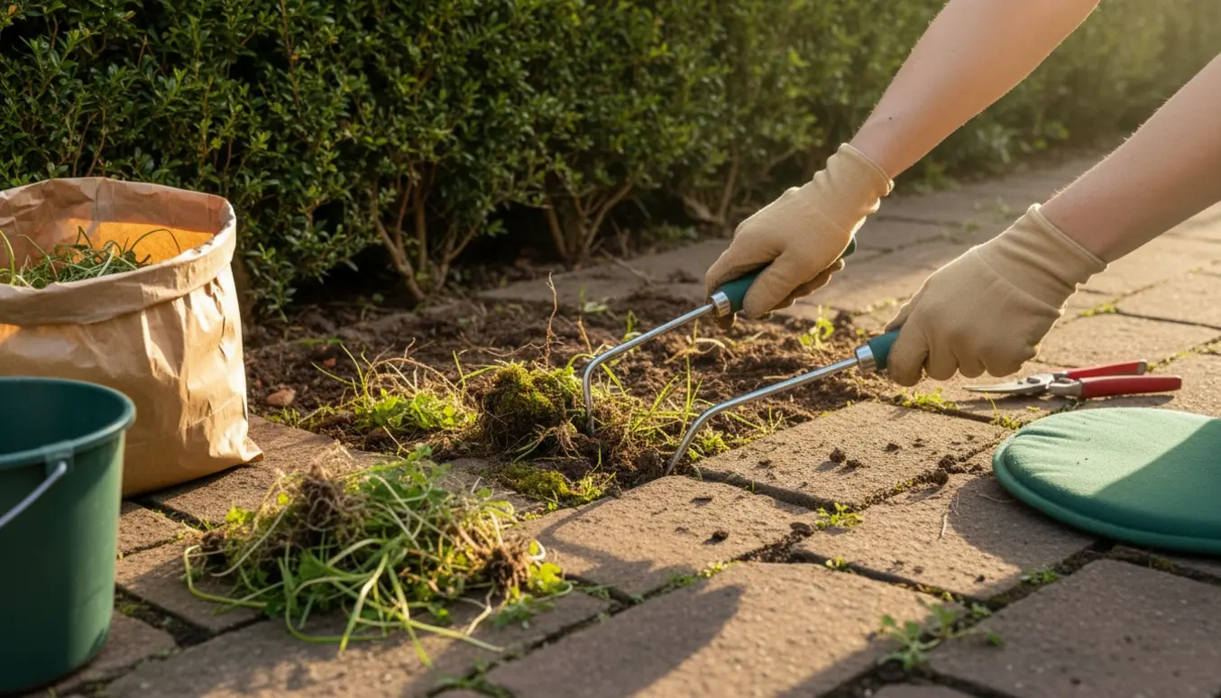 Hænder i handsker fjerner ukrudt mellem fliser og ved hækkens rod med håndværktøj.