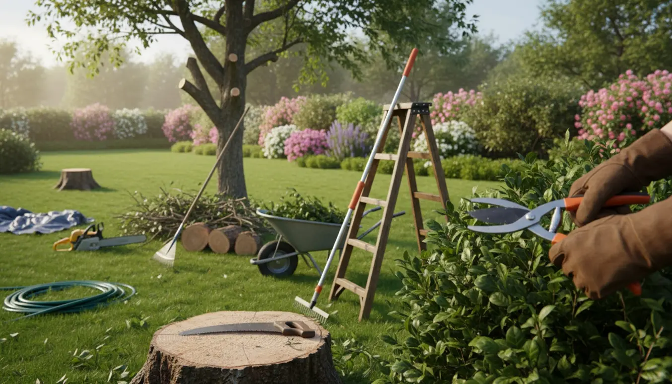 Haveredskaber og beskårne grene efter beskæring af træer og buske i en soloplyst have.