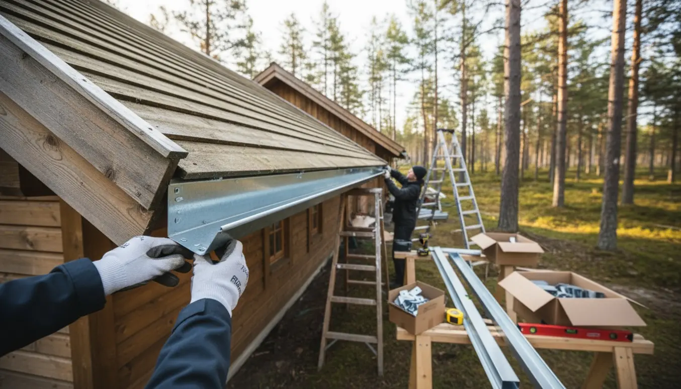 Nye galvaniserede tagrender monteres på en rustik spejderhytte med arbejdshænder og værktøj i fokus.