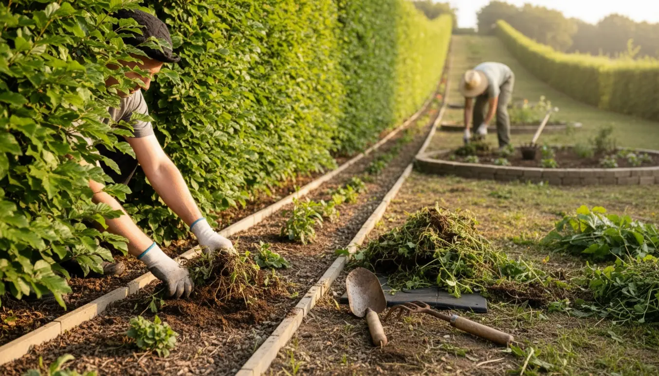Person luger ukrudt ved en lang bøgehæk på en solbeskinnet skråning med haveredskaber og trillebør.