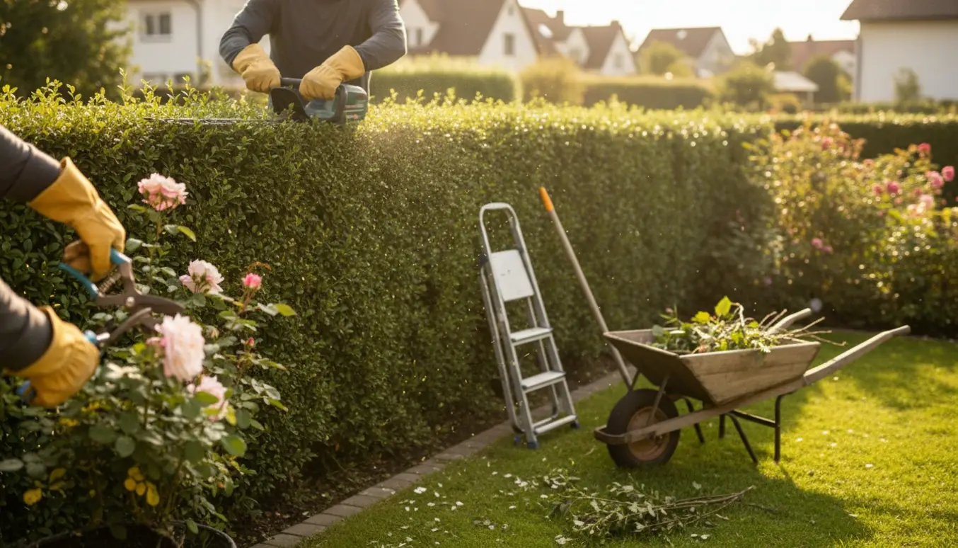 En gartner set bagfra trimmer en hæk og beskærer buske i en solrig, velholdt have.