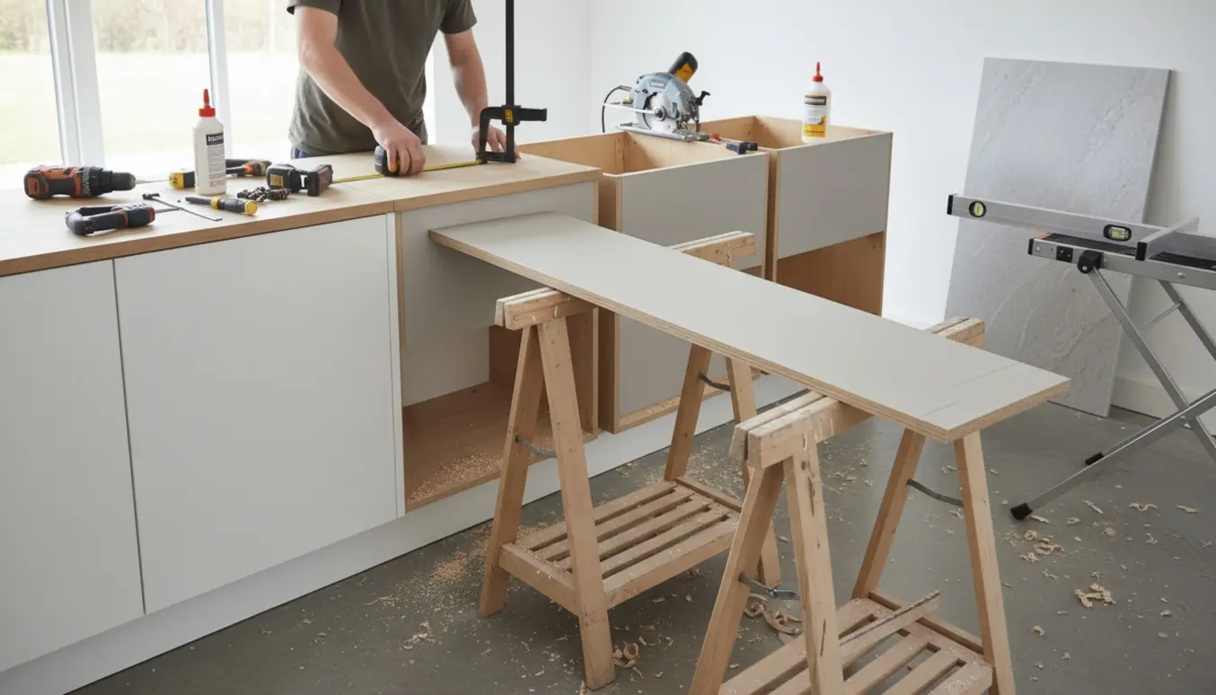 Forlængelse til køkkenø med sokkel, tre underskabe og bordplade klar til montering, værktøj og arbejders hænder i billedet.