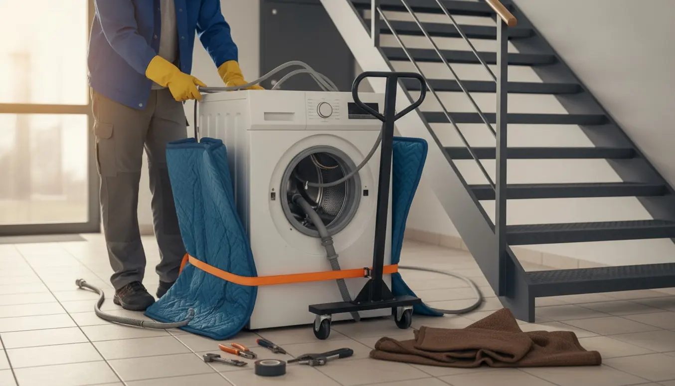 Vaskemaskine på 1. sal bliver afmonteret og sikret på en dolly ved en solid ståtrappe.