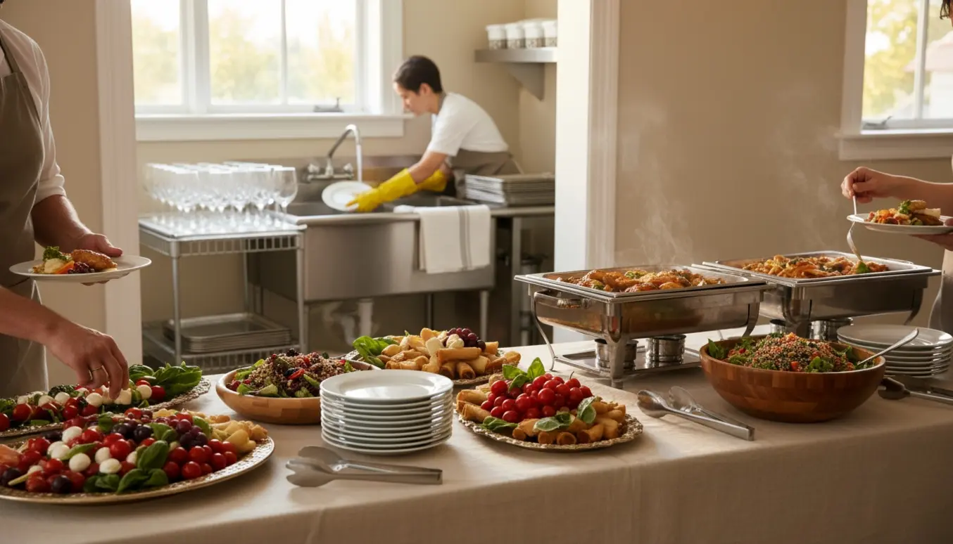 Buffetbord til privat fest med serveringsfade og en opvaskestation i baggrunden.