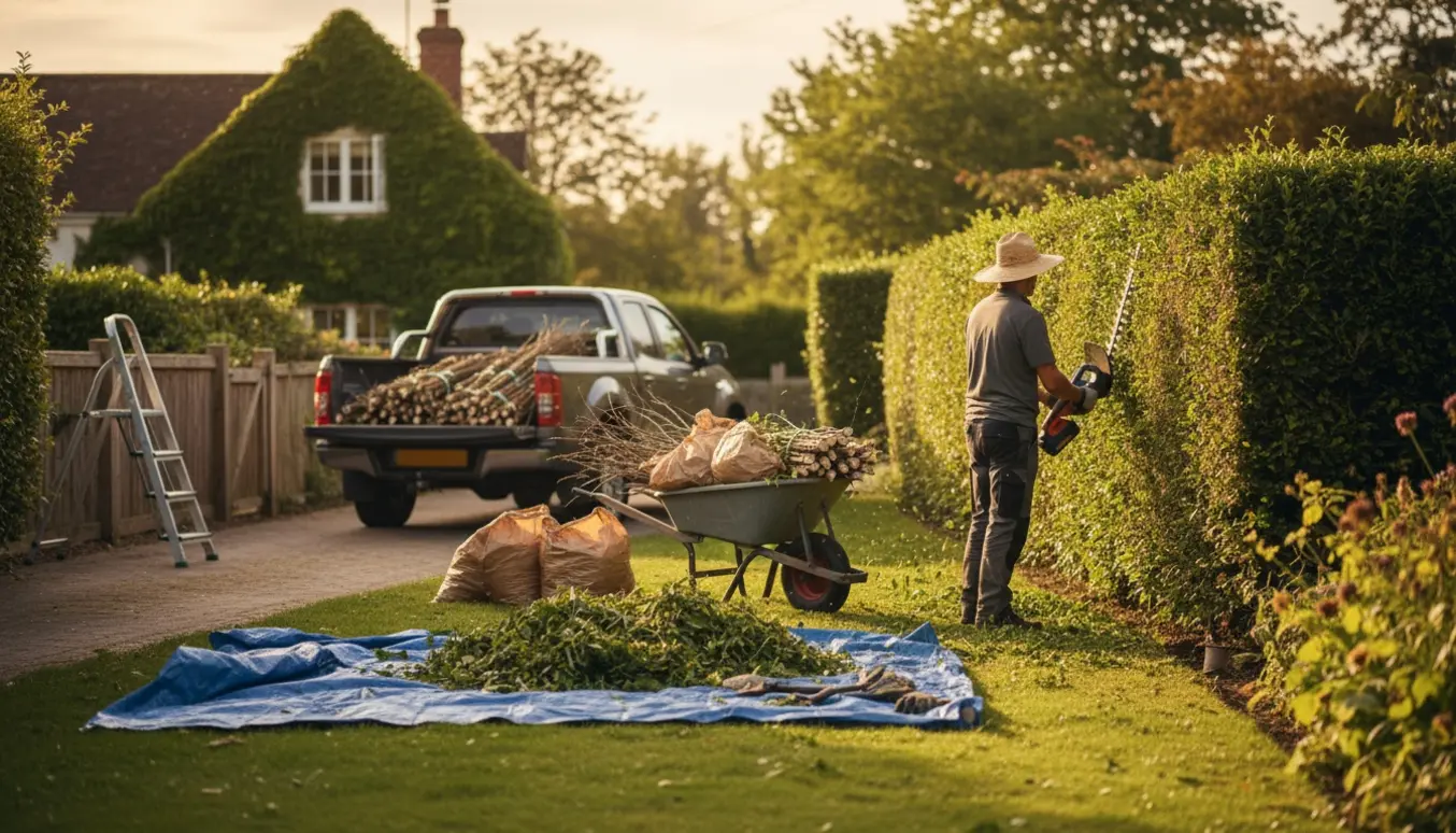 En gartner klipper en hæk i en forstadshave med bunker af haveaffald og en trillebør og trailer ved siden af.